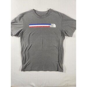 The North Face Gray Mens Red White and Blue Striped Logo T-Shirt Sz L
